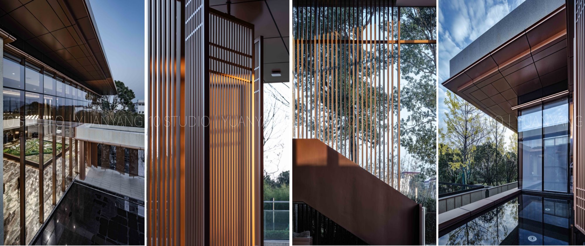 与环境的对话更亲密贴切,香槟金铝板和格栅透露着不张扬的尊贵气息,超