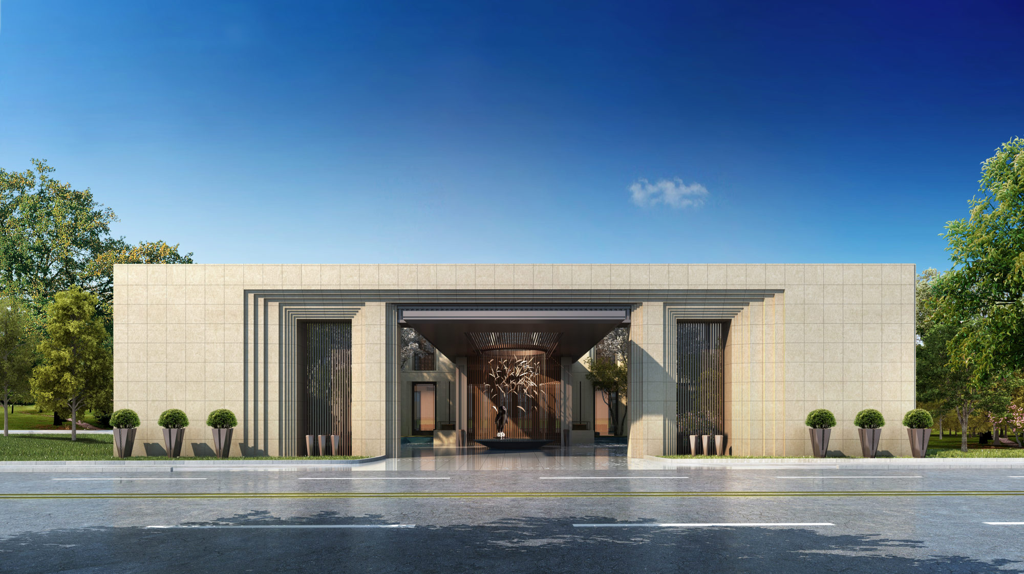 主入口效果图主入口实景图销售中心效果图销售中心实景图示范区选址于